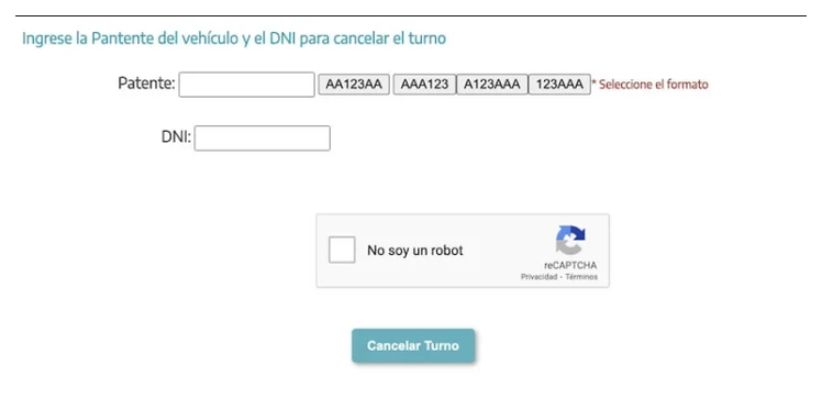 Pantalla para cancelar el turno de la VTV en Esteban Echeverría con patente y DNI